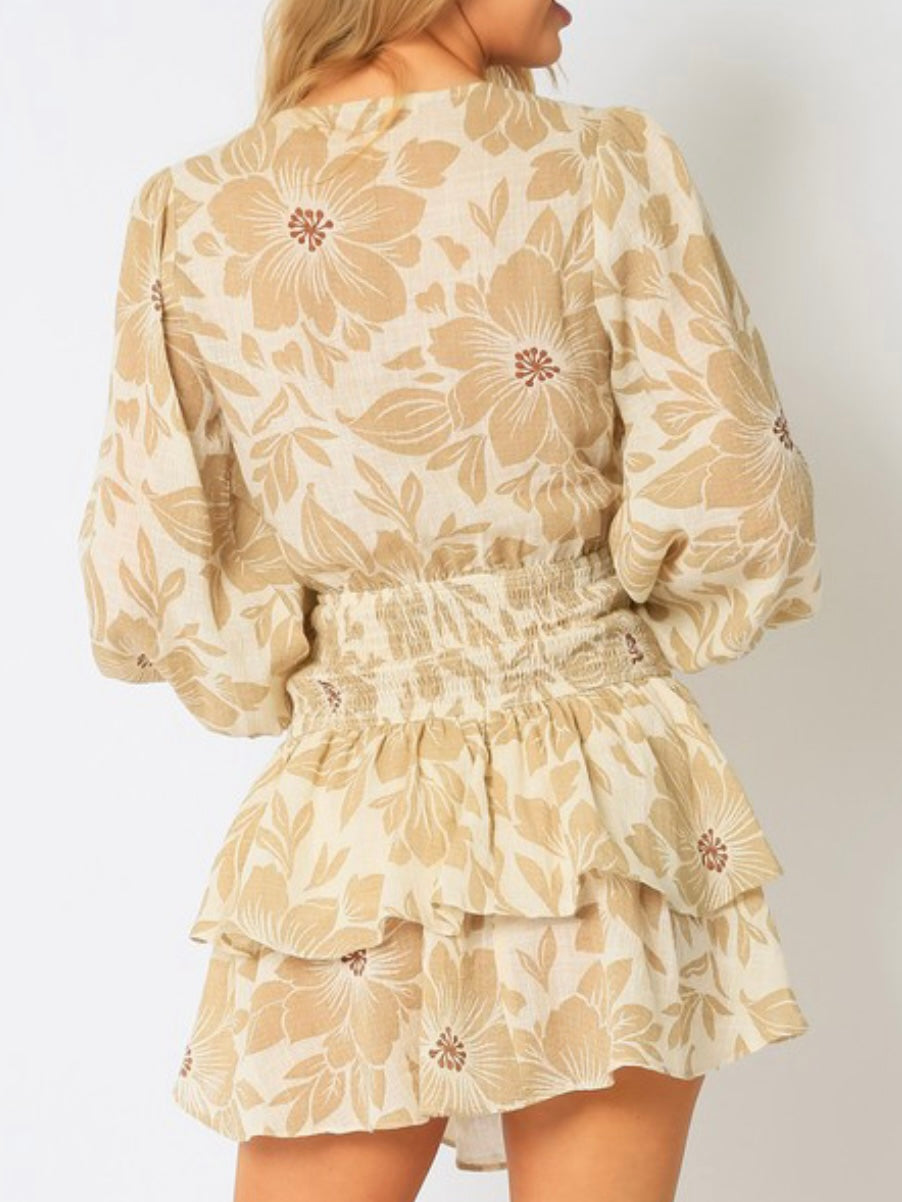 Beige Floral Cutout Short Dress