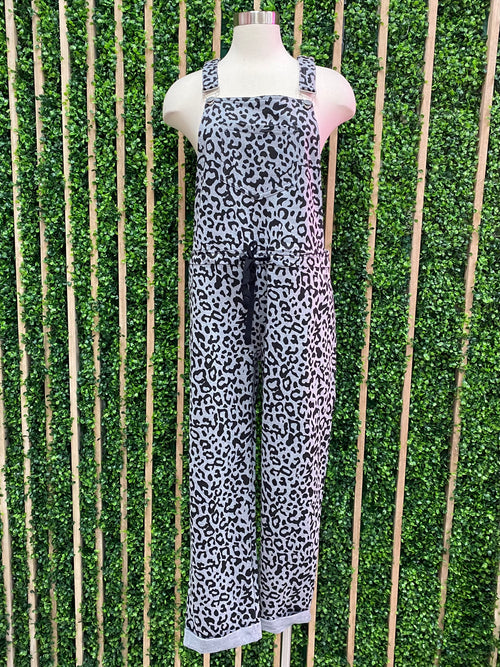 Grey Leopard Printed Overall Jumpsuit