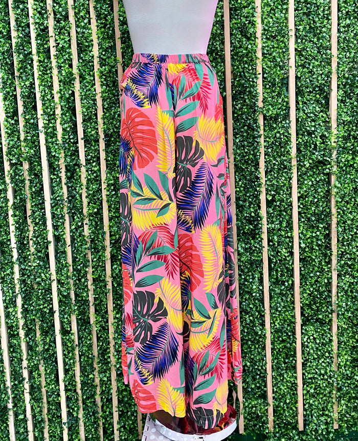 Pink Tropical Wide Leg Pants