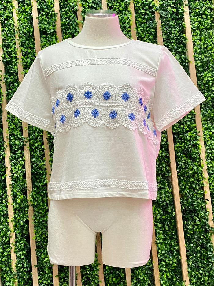 White Crochet Lace Trim Tee Top