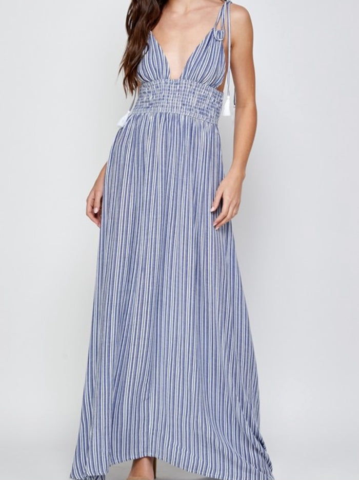 Navy Shoulder Tie Smocked MAxi Dress