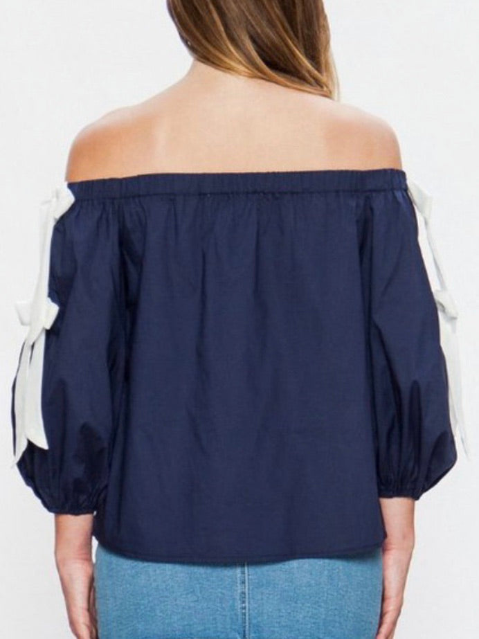 Navy Bow Detail Off Shoulder Top