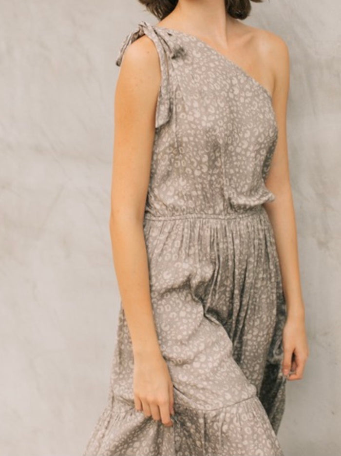 Space Grey Satin Leopard One Shoulder Dress