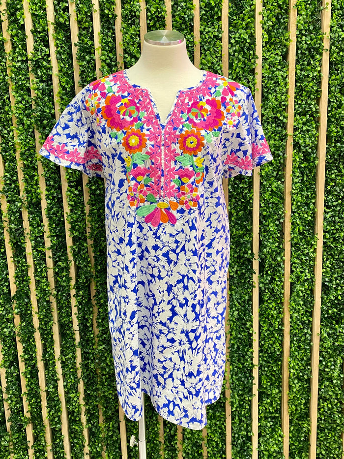 Blue Embroidered Flower Print Dress