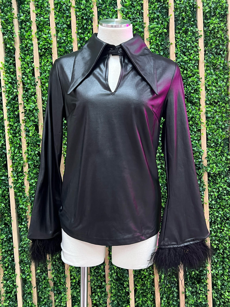 Metallic Black Feather Trim Blouse