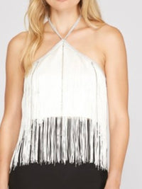Rhinestone Detail Halter Fringe Top