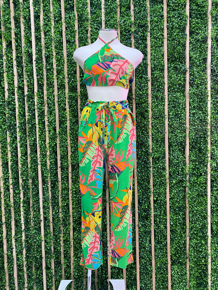 Green Tropical Halter Crop Top