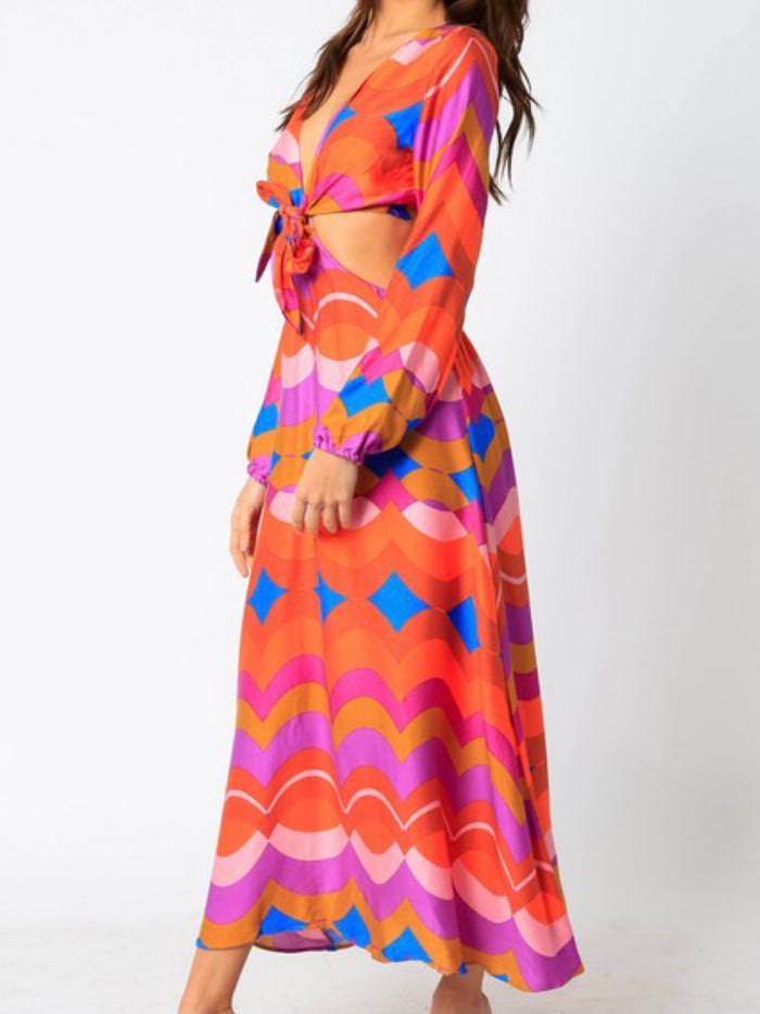 Bright Technicolor Print Cutout Midi Dress