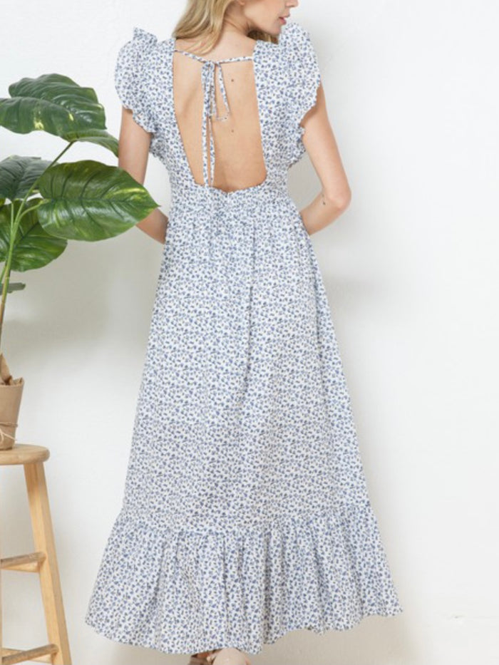 Blue Ditsy Ange Sleeve Maxi Dress