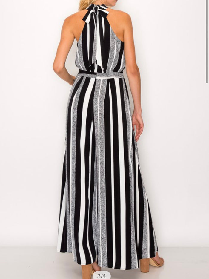 Black and White Striped Halter Jumpsuit