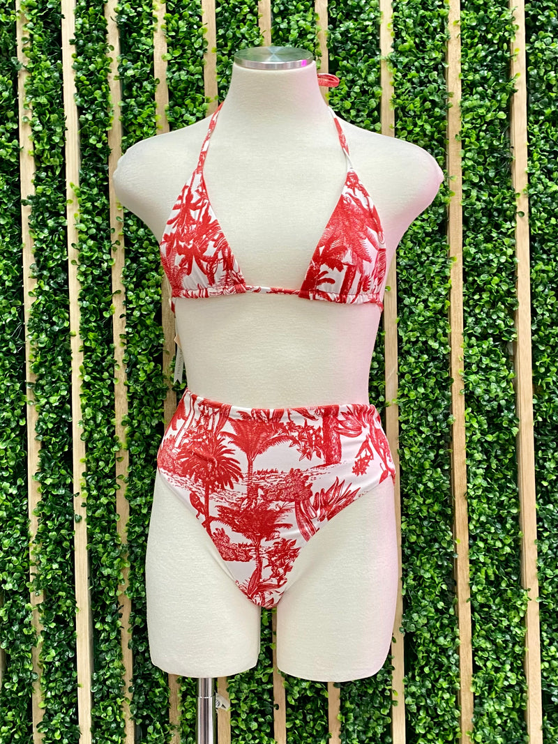 Red Tropical High Waist Bikini Set