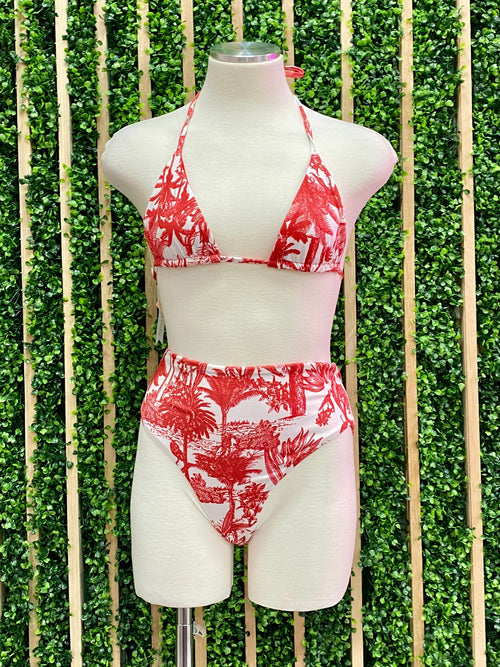 Red Tropical High Waist Bikini Set