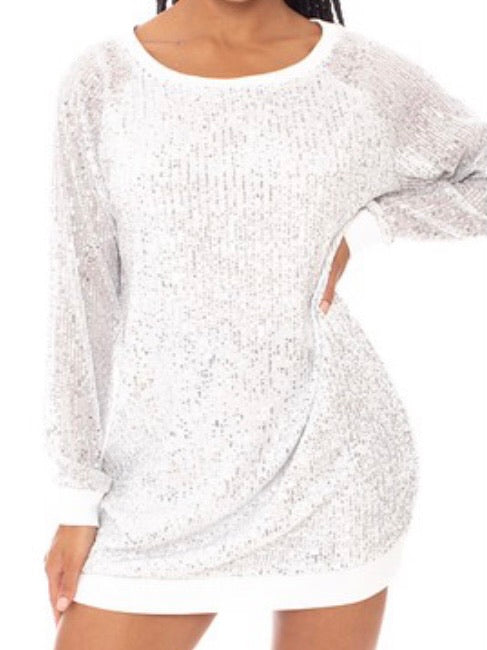 SILVER SEQUIN WIDE NECK BOXY MINI DRESS