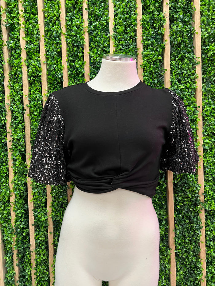 Black Sleeves Twist Detail Crop Top