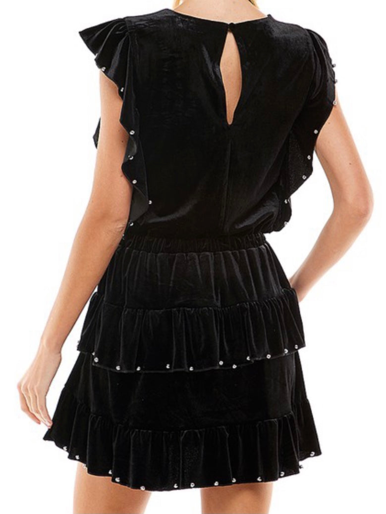 Black Velvet Ruffle Trim Dress