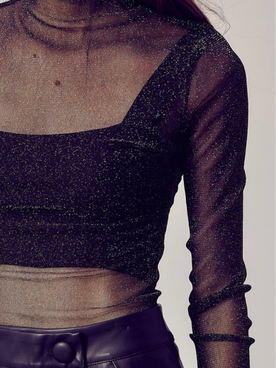 Mock Neck Glitter Mesh Top