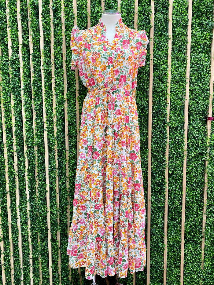 White Floral Angel Sleeve Maxi Dress