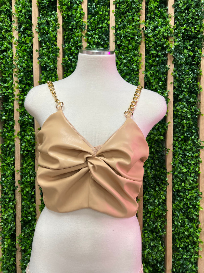 Cream Pleather Twist Crop Top