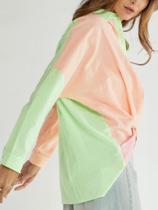Neon Stripe Twist Button Down Shirt