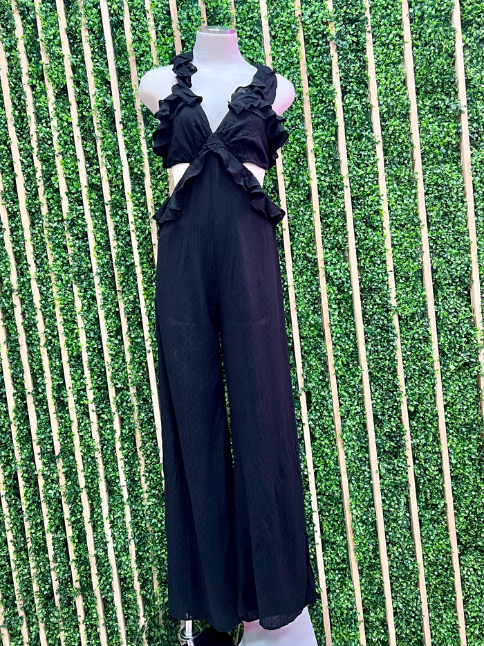 Black Ruffled Cutout Jumpsuit