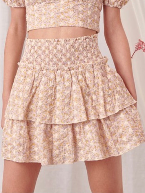 Apricot Embroidered Tiered Short Skirt