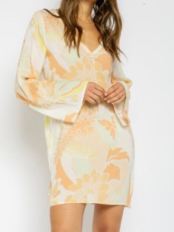 Peach Print Kaftan V Neck Dress