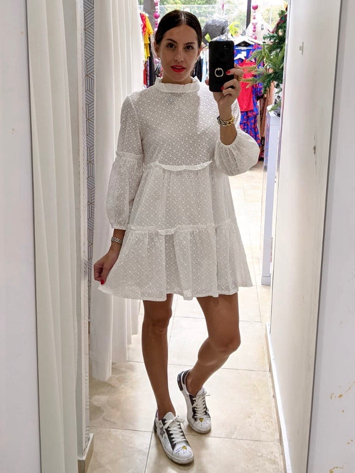 White Eyelet Tiered Short Dress