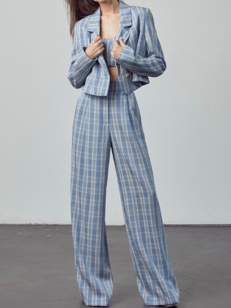 Blue Plaid High Waist Pants