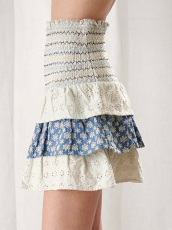 Floral Embroidered Tiered Mini Skirt