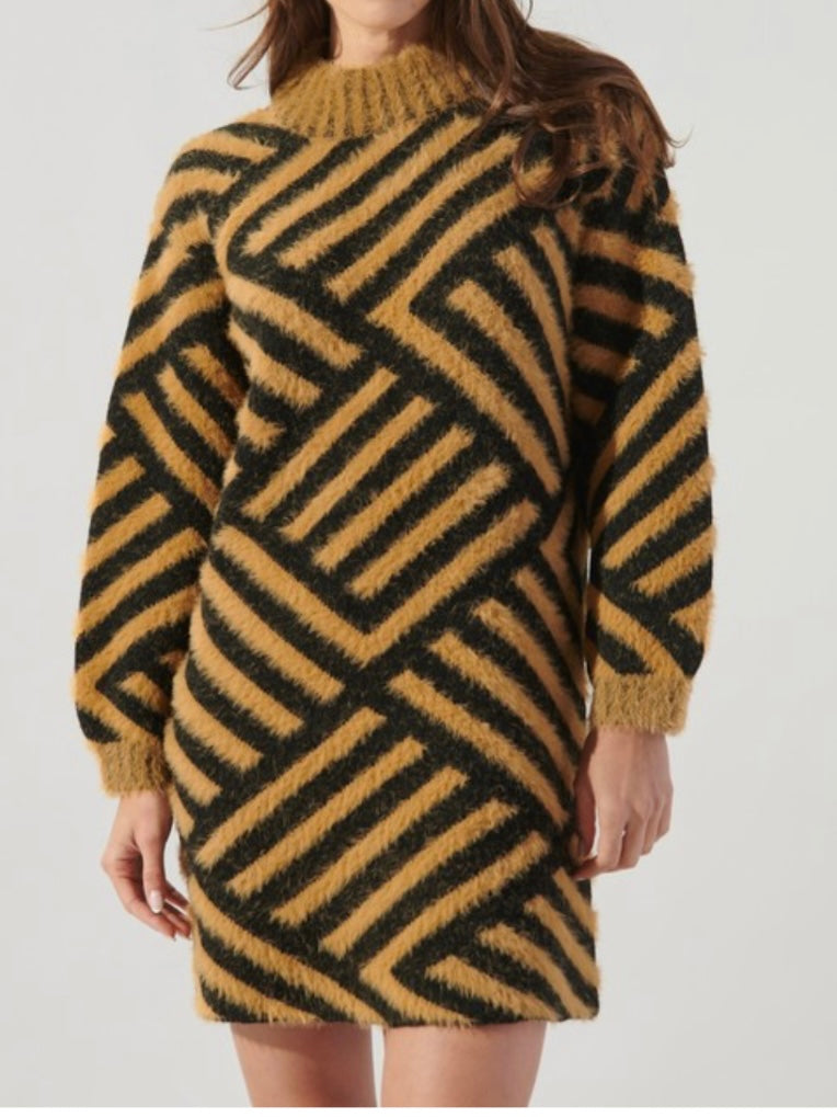 Tan Black Chevron Sweater Dress