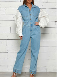 Contrast Sleeve Denim Jumpsuit