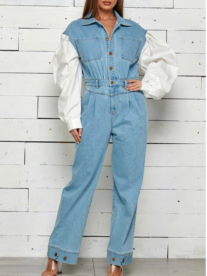 Contrast Sleeve Denim Jumpsuit