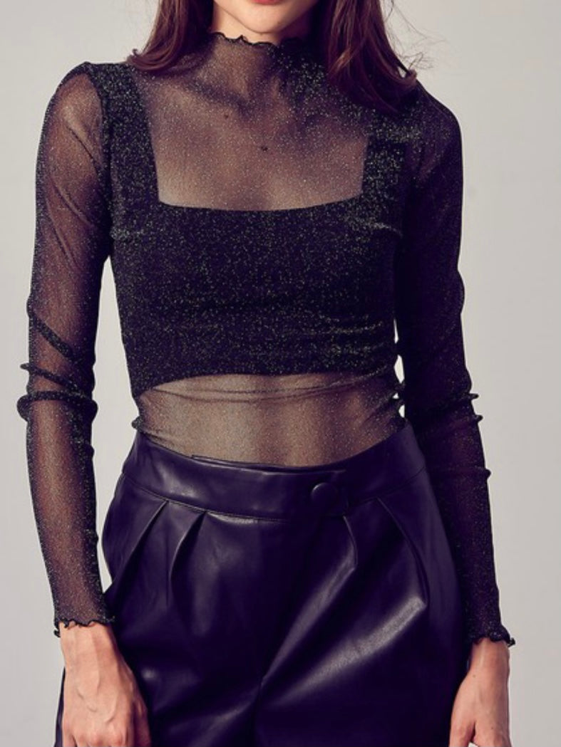 Mock Neck Glitter Mesh Top