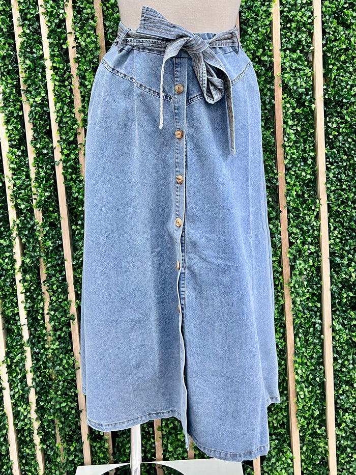 Button Down Denim Midi Skirt