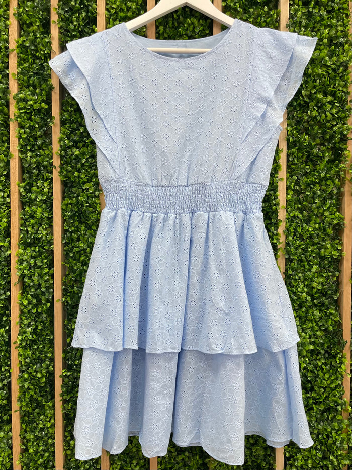 Angel Sleeve Eyelet Smocked Short Dress