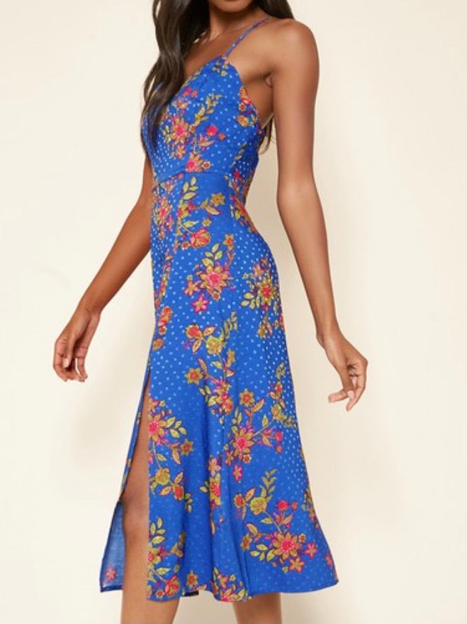 Cobalt Floral Satin Midi Dress