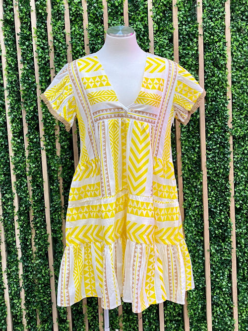 Yellow Aztec V Neck Short Dress
