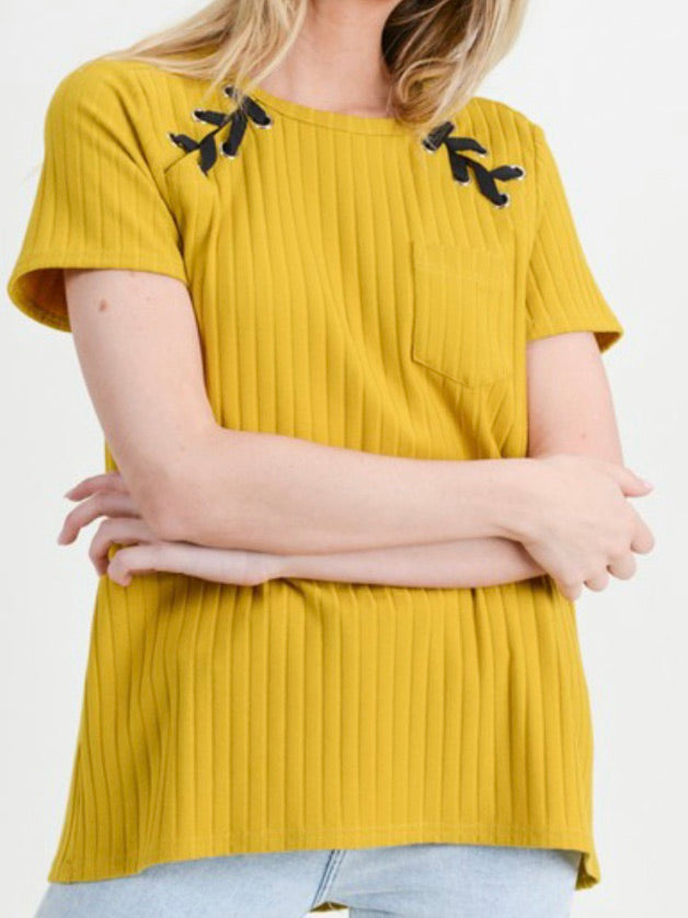 Mustard Lace Up Sleeve Top