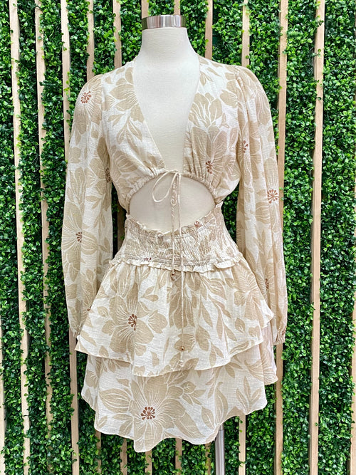 Beige Floral Cutout Short Dress
