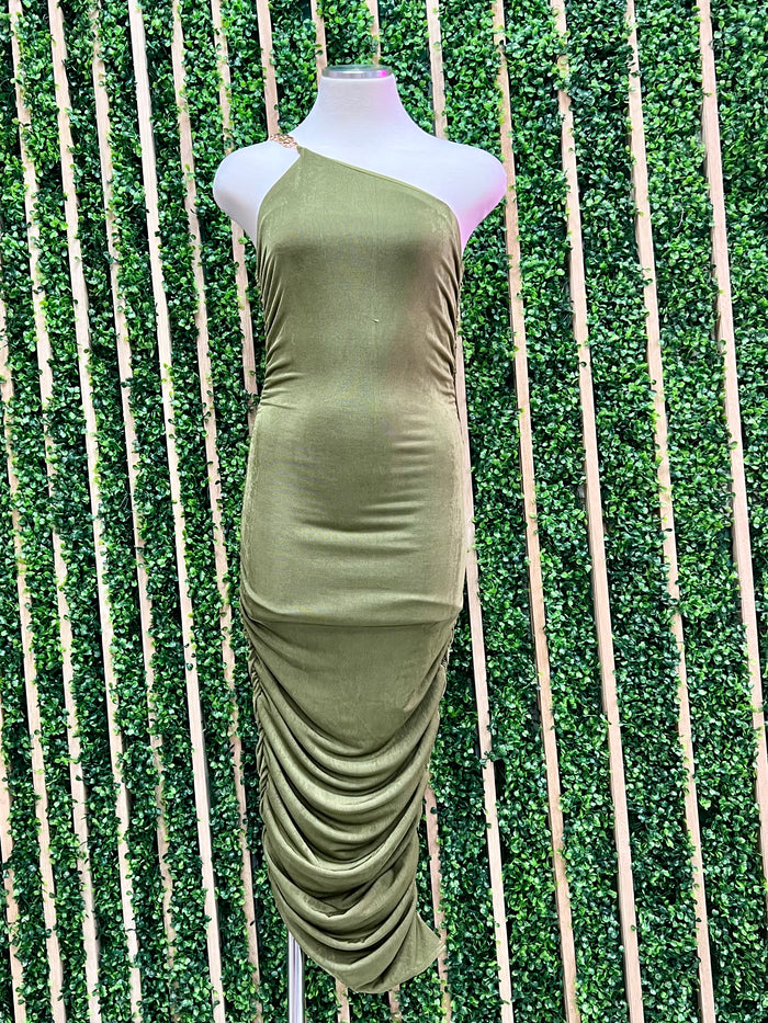 Olive One Shoulder Midi Dress