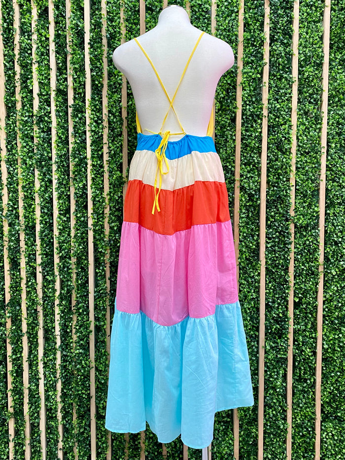 Color Block V Neck Maxi Dress