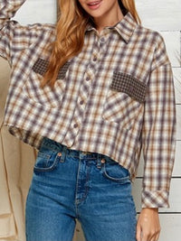 Multi Plaid Contrast Flap Button Down Blouse