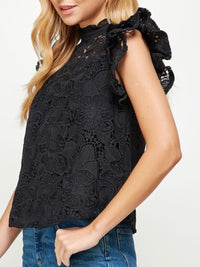 Black Lace Ruffled Neck Blouse