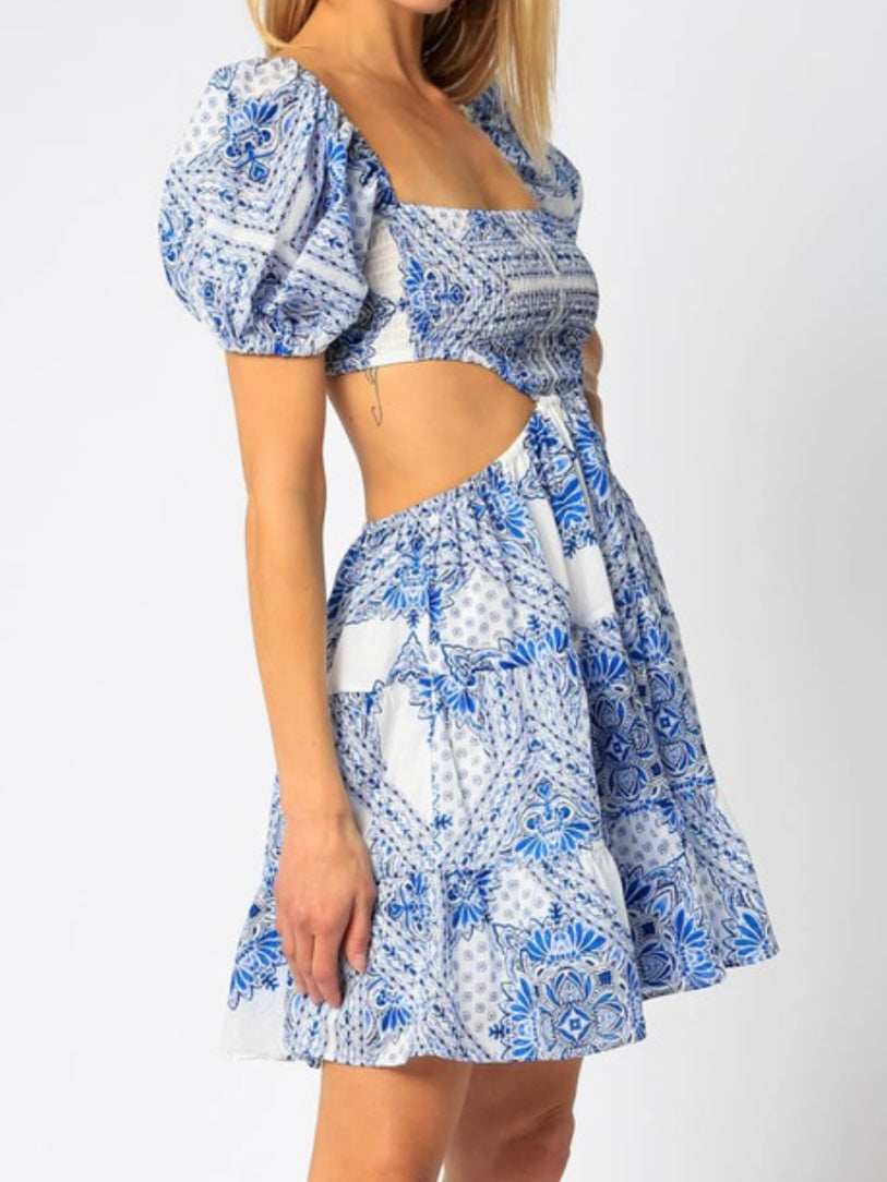 Blue Balloon Sleeve Cutout Short Dress