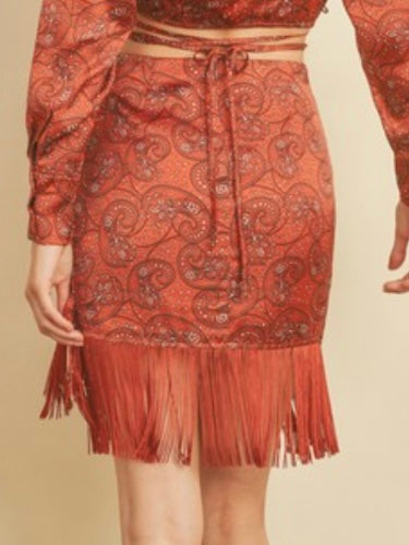 Rust Paisley Frige Trim Wrap Skirt
