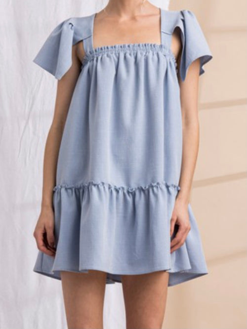 Blue Textured Flutter Sleeve Short Dress
