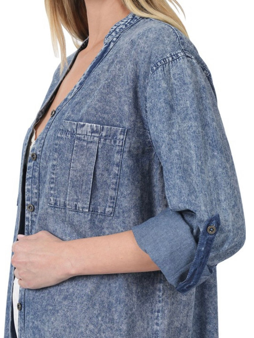 Blue Washed Chambray Drop Waist Short