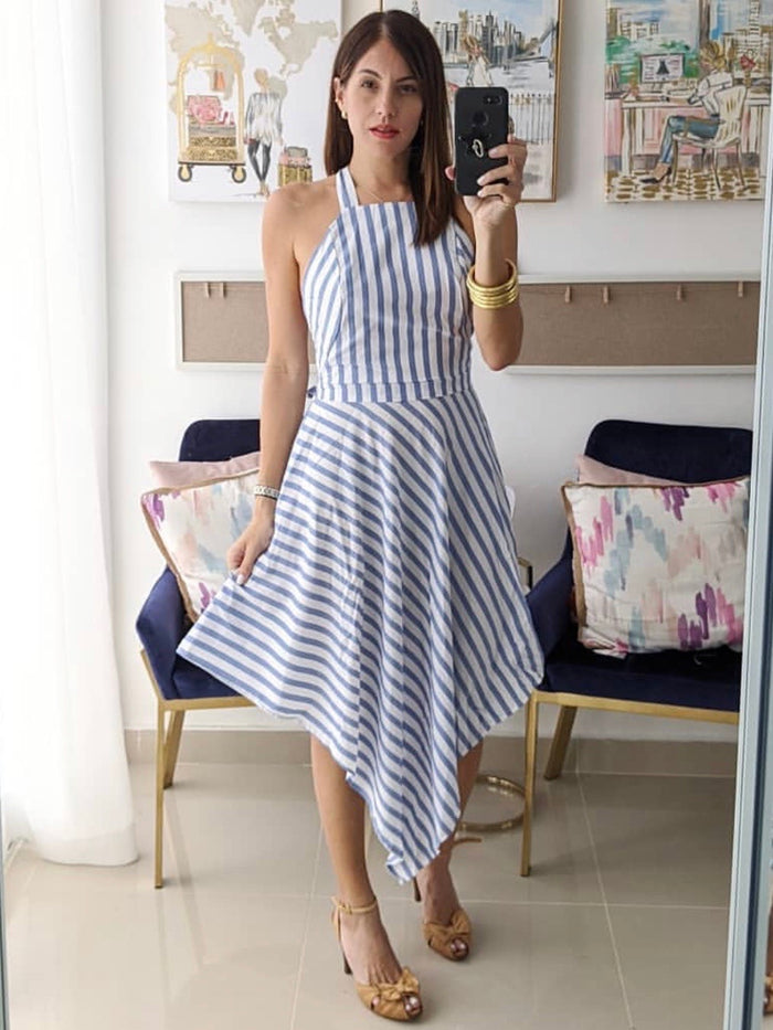 Blue Stripe Hi Lo Halter Midi Dress