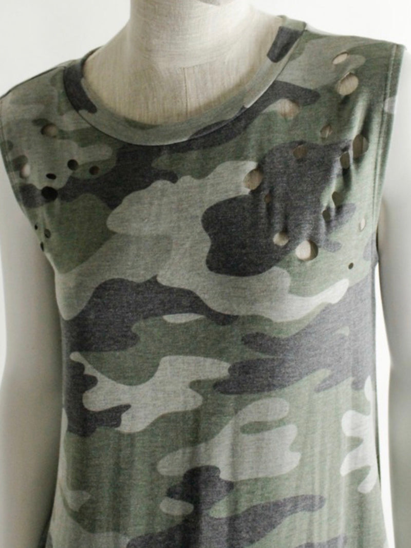 Distressed Sleeveless Camo Dress