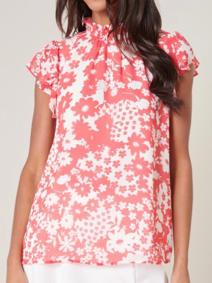 Delicate Red Floral Ruffled Sleeveless Top